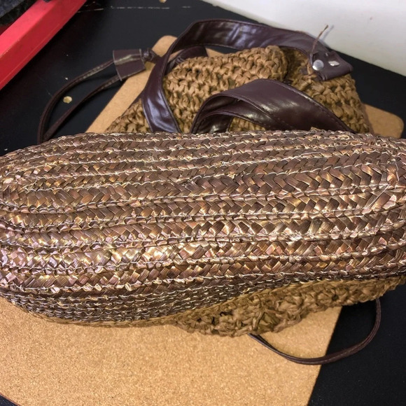 Backpack Purse Brown Woven Raffia Beach Bag Drawstring Pockets 17x13” - Picture 5 of 7